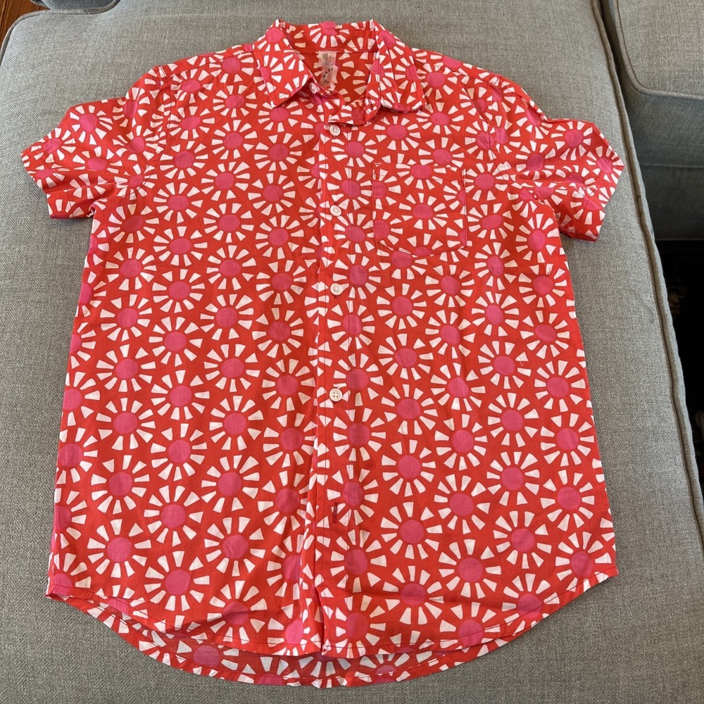 Primary Boys Bright Poppy Sun Picnic Short Sleeve Button down Dress Shirt, Sz 12